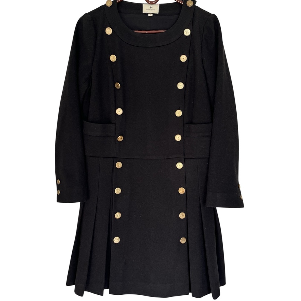 🌺 Tuckernuck Black Pleated Mini Coat-Style Dress with Gold Buttons